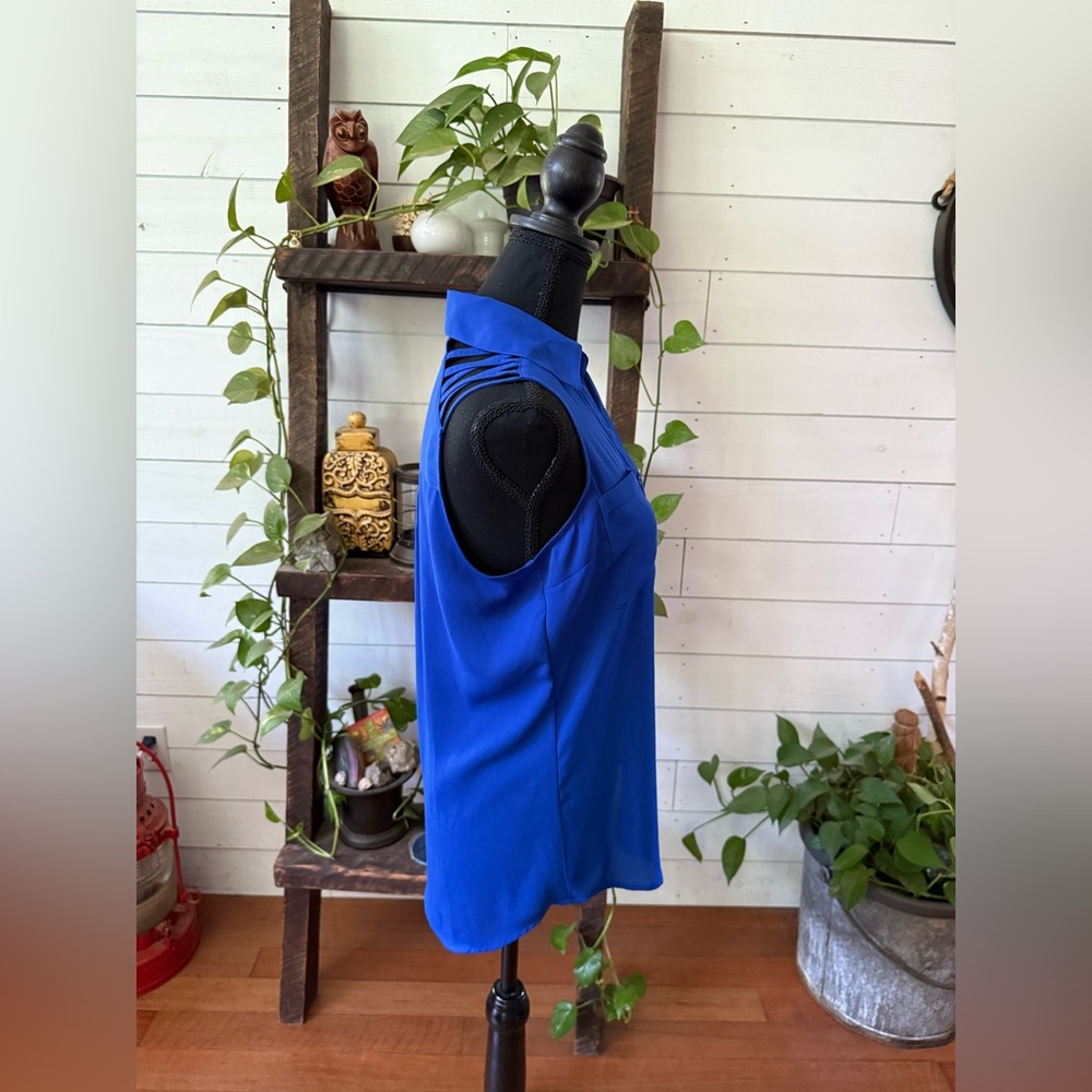 Express: Blue Sleeveless Button-Up Blouse with Cold Shoulder Back - Picture 10 of 17